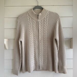 Lands' End Light Tan Full Zip Chunky Cable Knit Sweater Women’s Large Petite